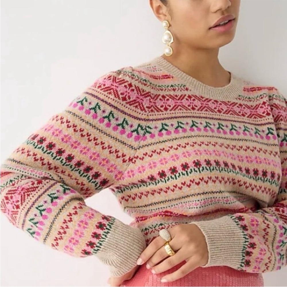 J. Crew Tan Pink Puff Sleeve Fair‎ Isle Crew Neck Sweater in Size Extra Small XS